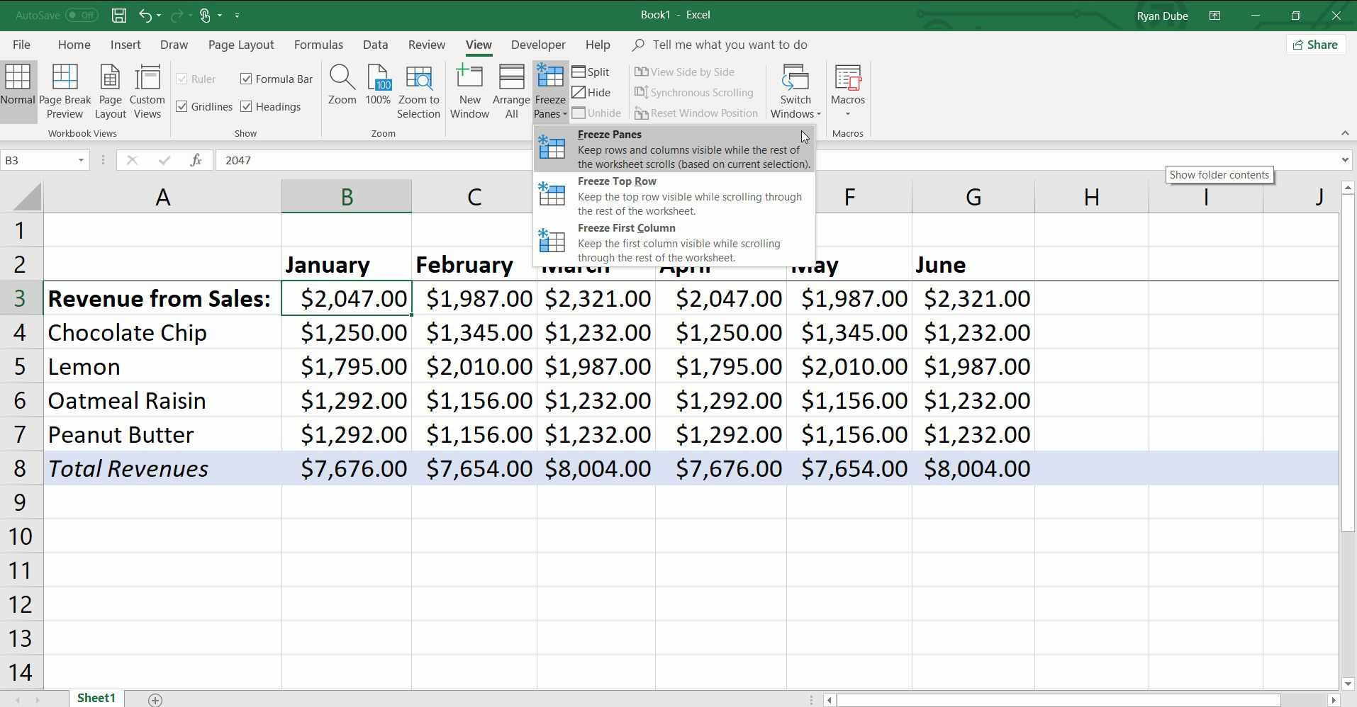 Скриншот замораживания строк и столбцов в Excel.