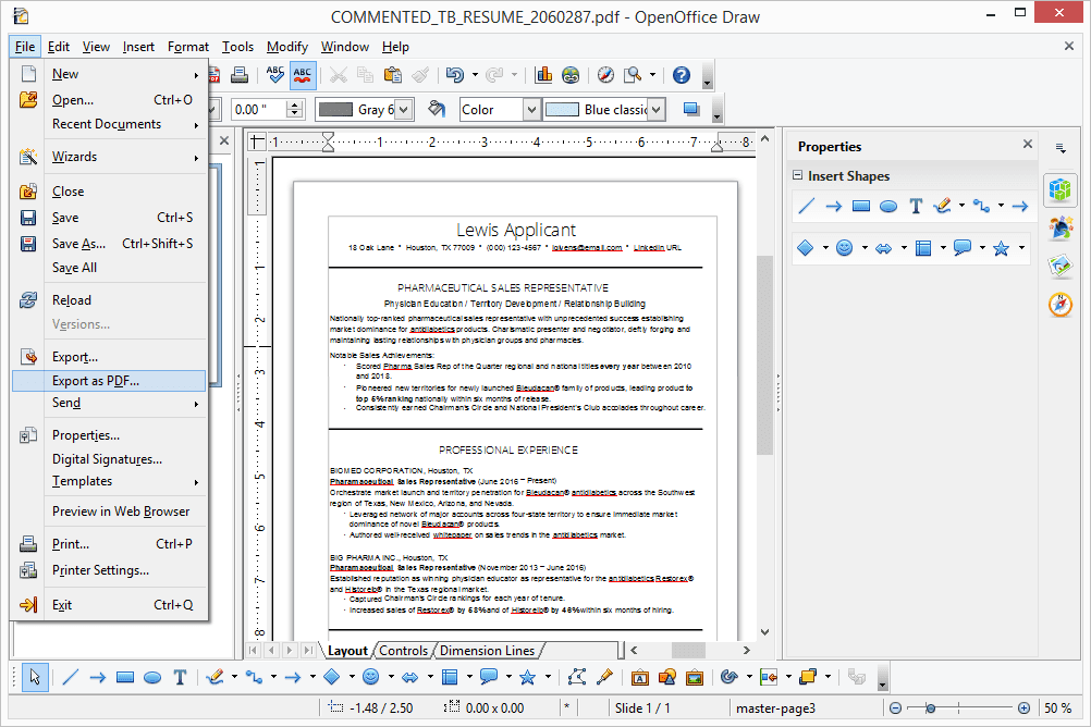 Опция экспорта в PDF в OpenOffice Draw