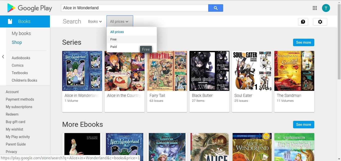 Сортировка результатов поиска бесплатных книг Google Play