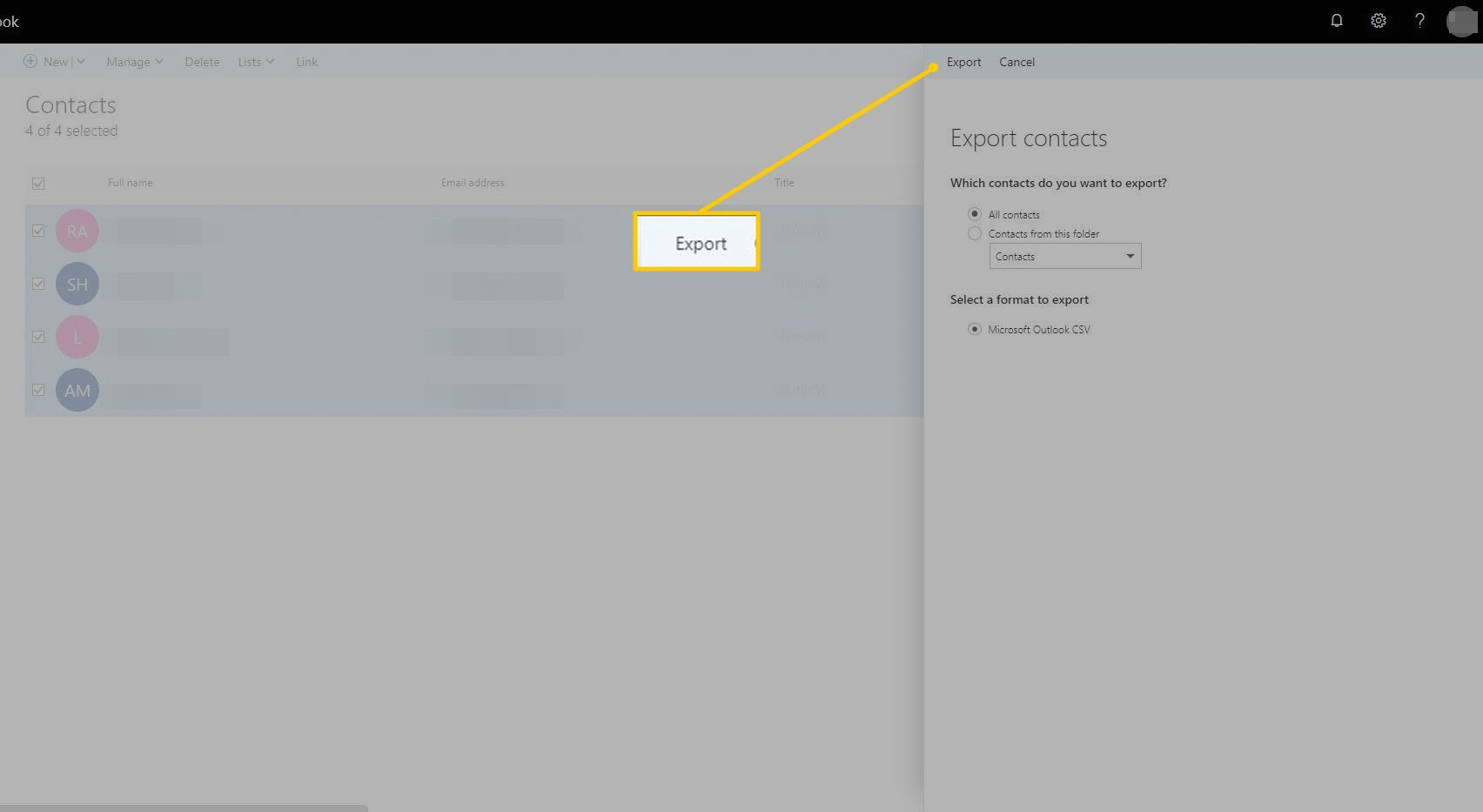 Кнопка экспорта в Outlook в Интернете