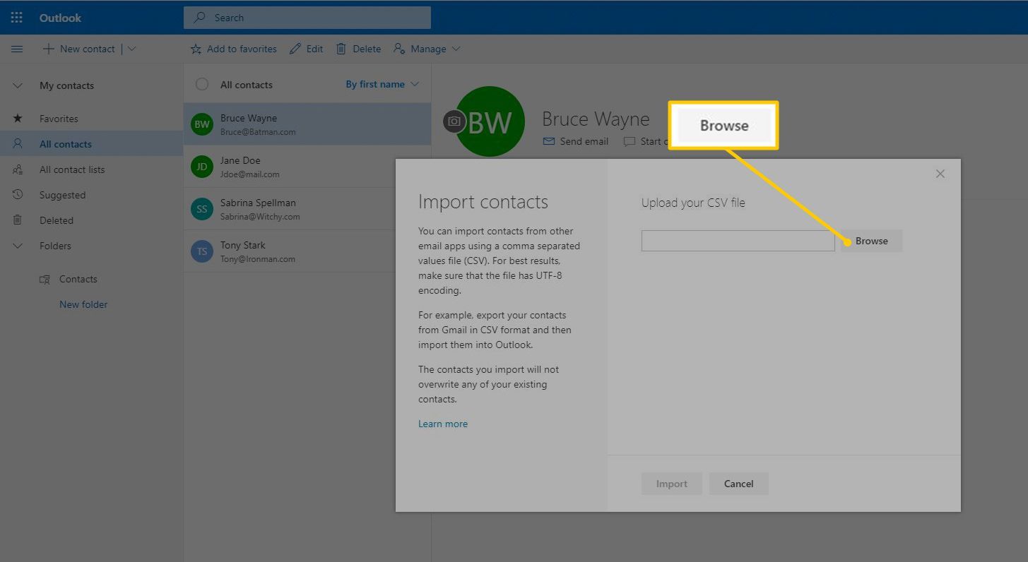Кнопка «Обзор» в диалоговом окне «Импорт контактов» в Outlook