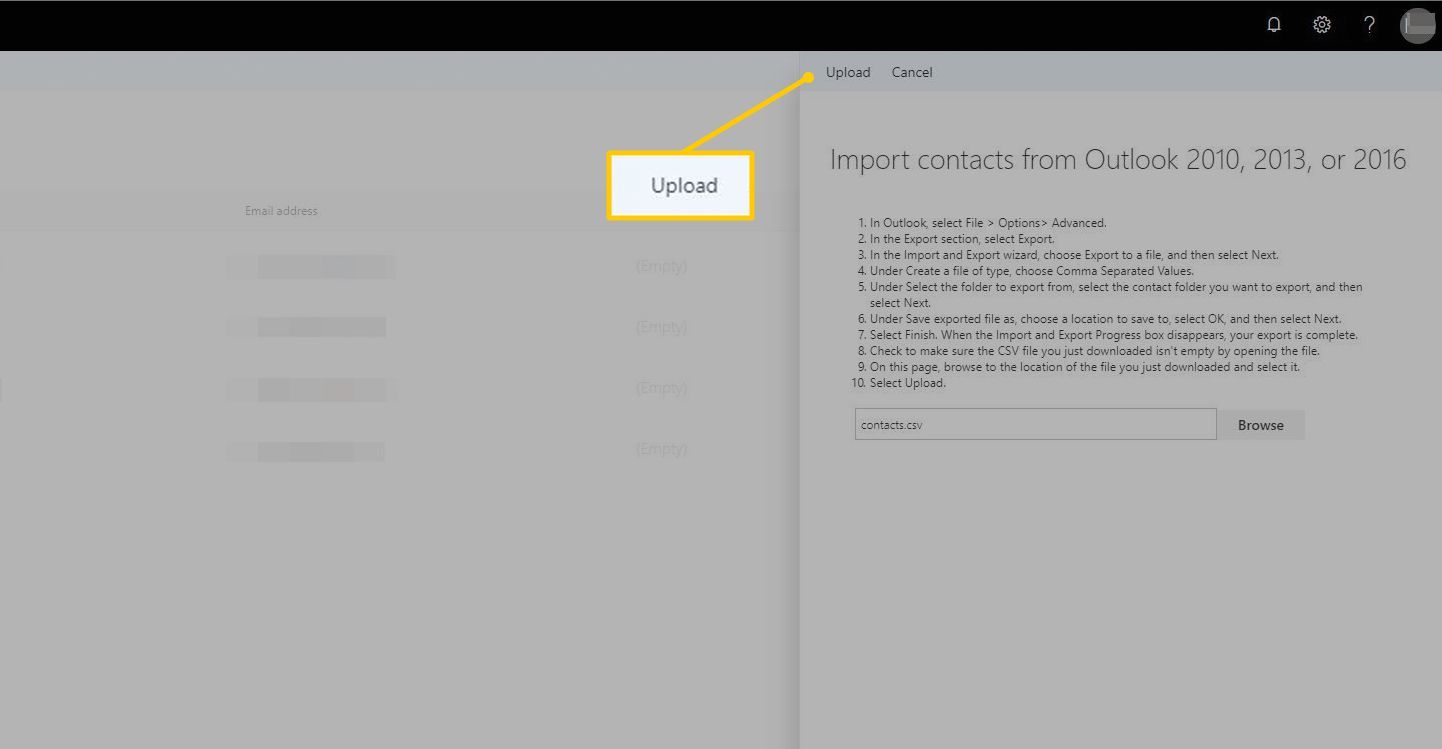 Кнопка загрузки для импорта контактов в Outlook