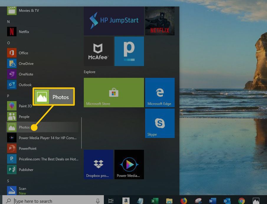 Расположение приложения «Фотографии» в меню Microsoft Windows 10.