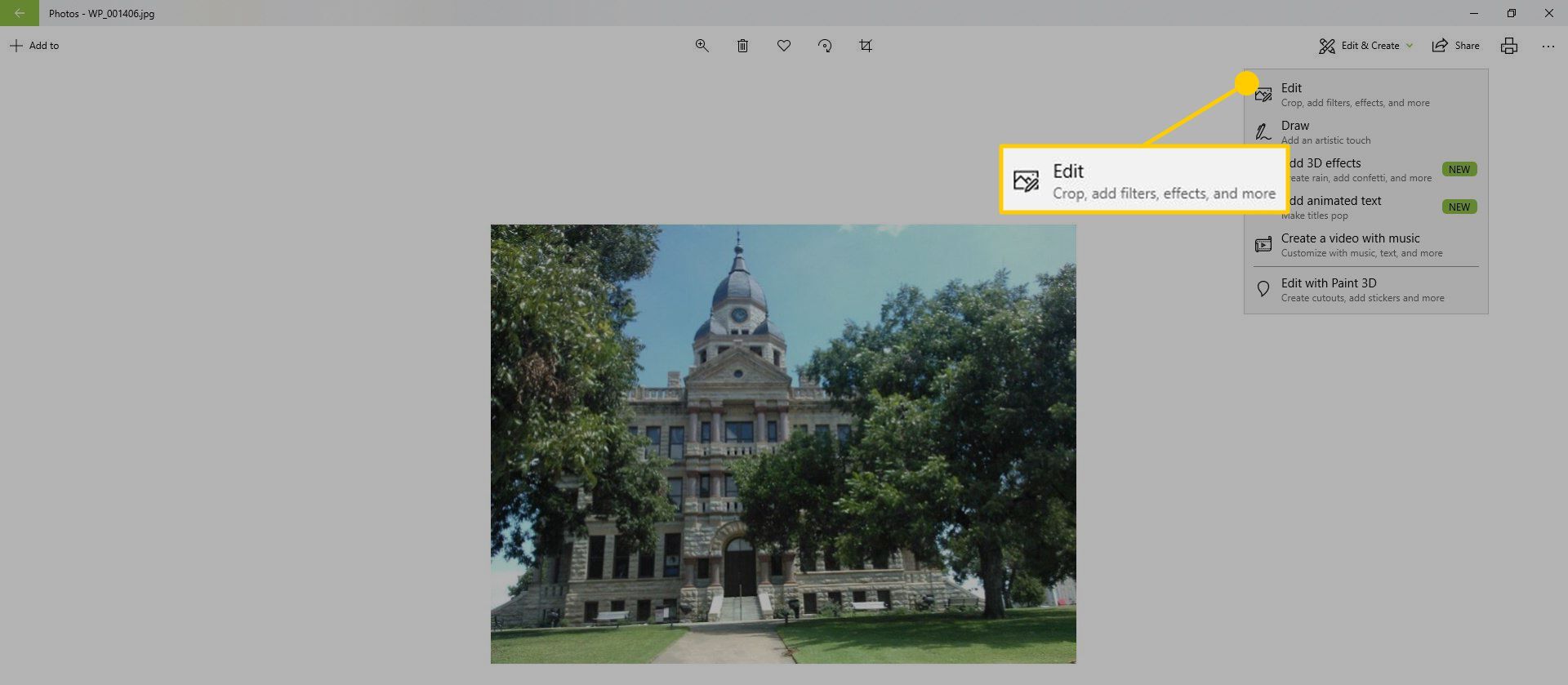 Параметр «Редактировать» в меню «Редактировать и создать» в приложении Microsoft Photos.