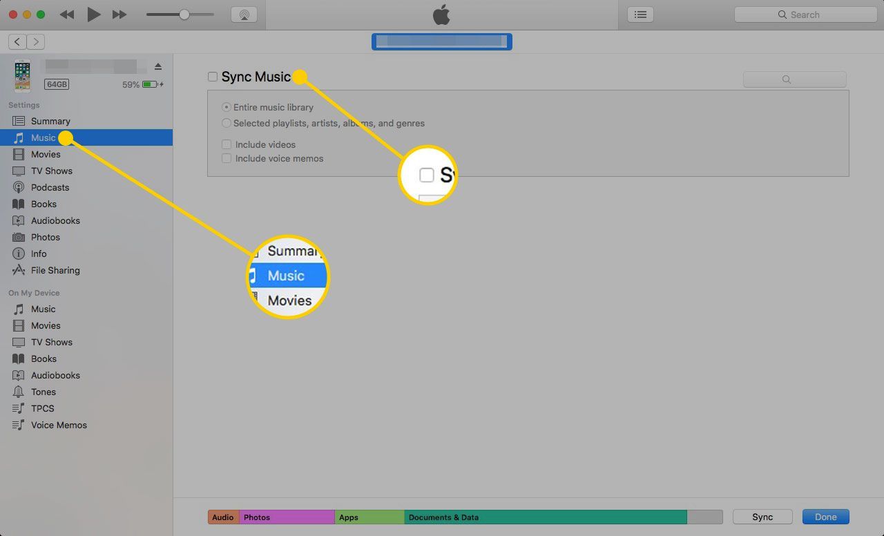 Экран управления устройствами в iTunes с выделенным заголовком «Музыка» и «Синхронизировать музыку»