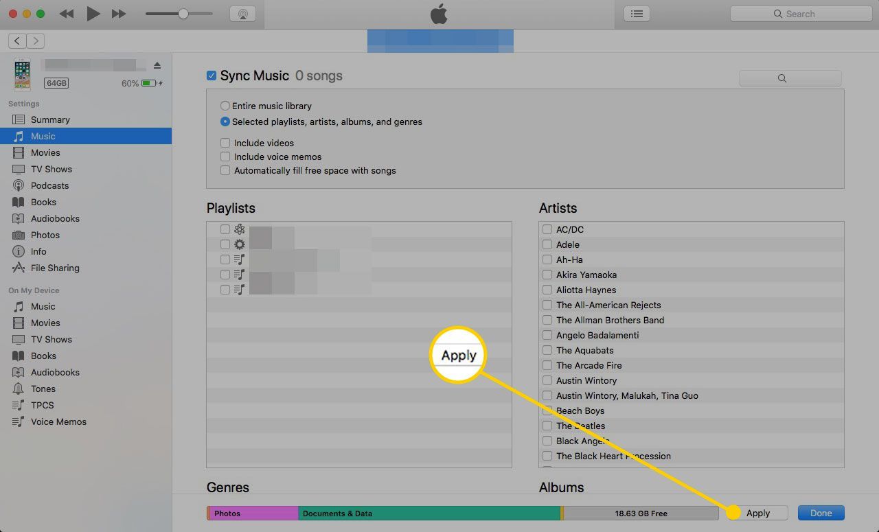 Настройки музыки в iTunes с выделенной кнопкой «Применить»