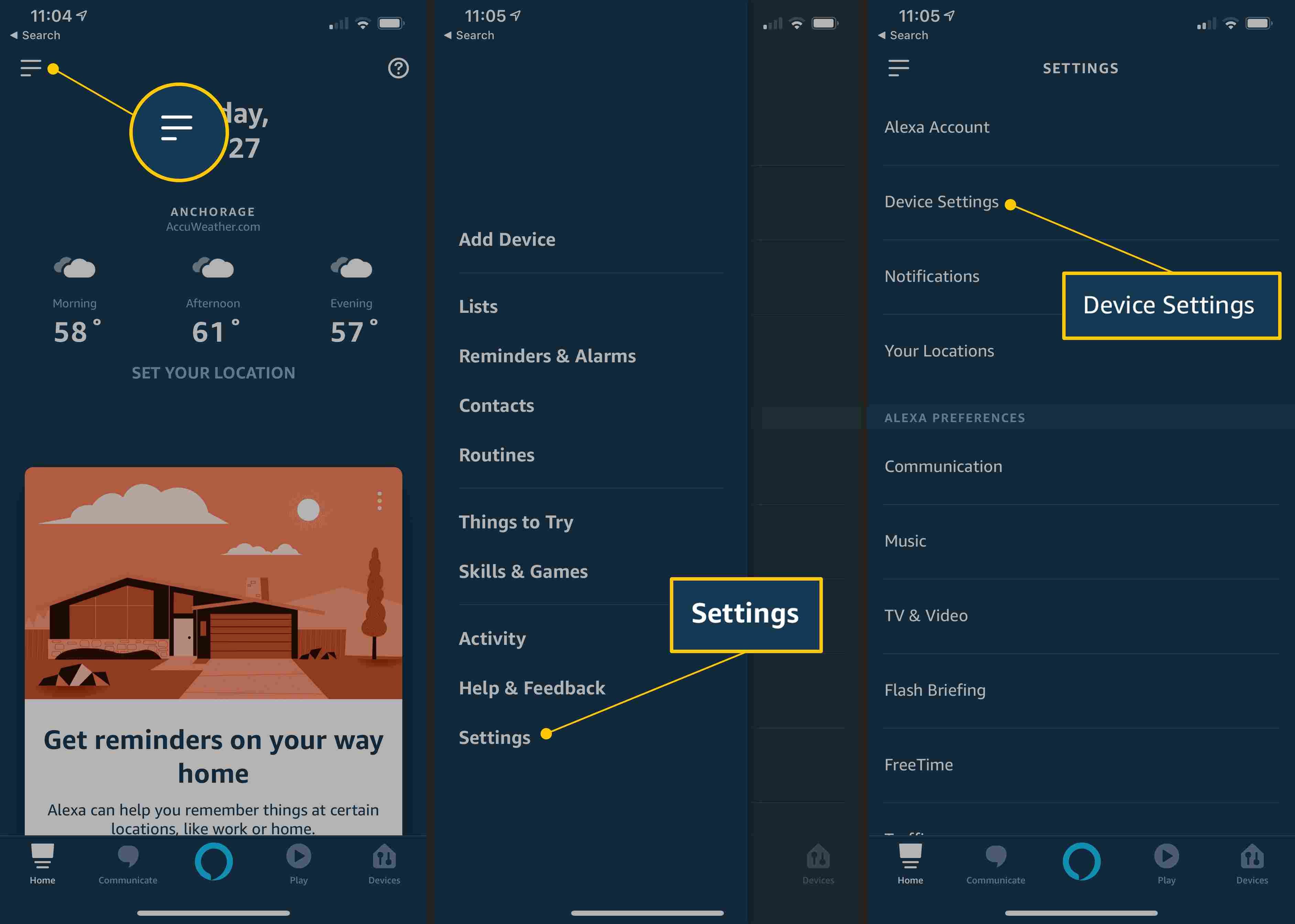 Меню, Настройки, Настройки устройства в приложении Alexa на iOS