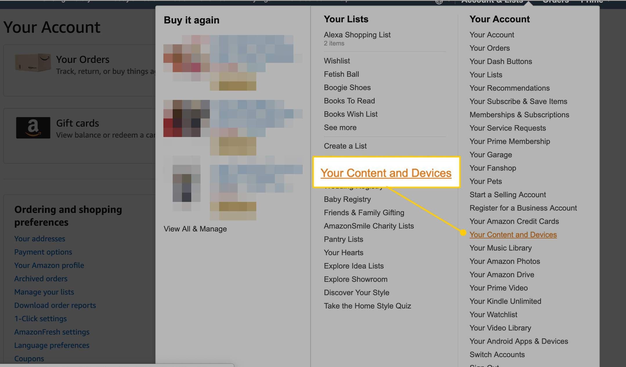 Пункт меню «Ваш контент и устройства» в разделе «Ваша учетная запись на Amazon»