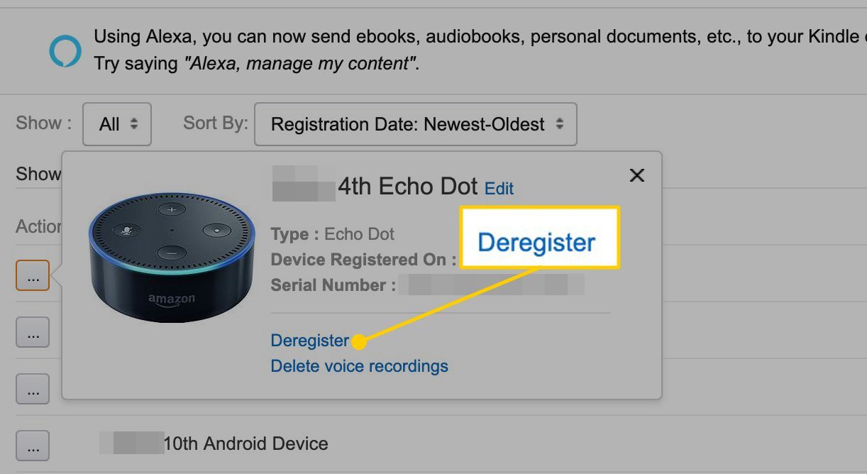 Отменить регистрацию ссылки для устройства Amazon Alexa