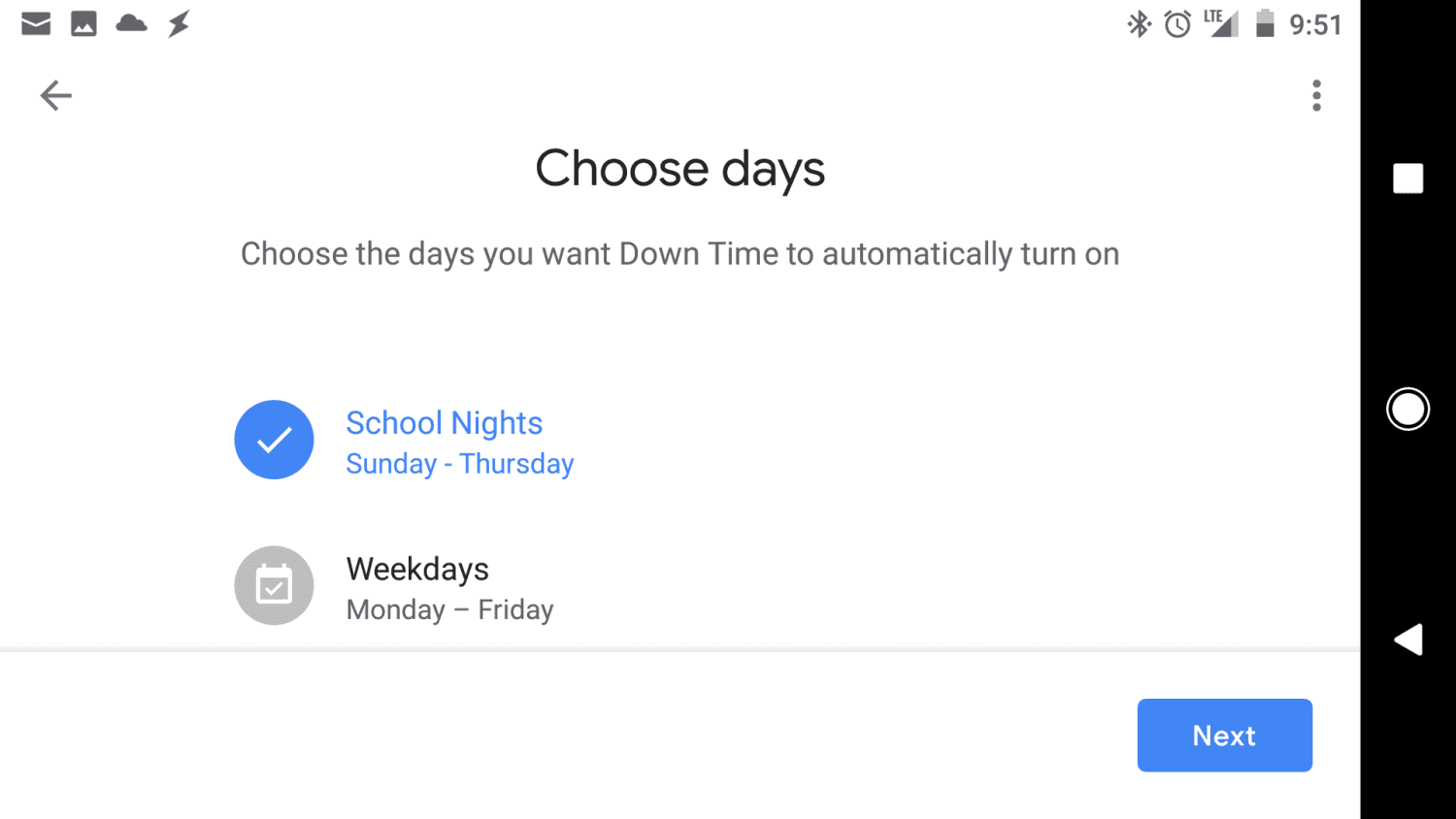 Снимок экрана выбора дней для планирования в Digital Wellbeing