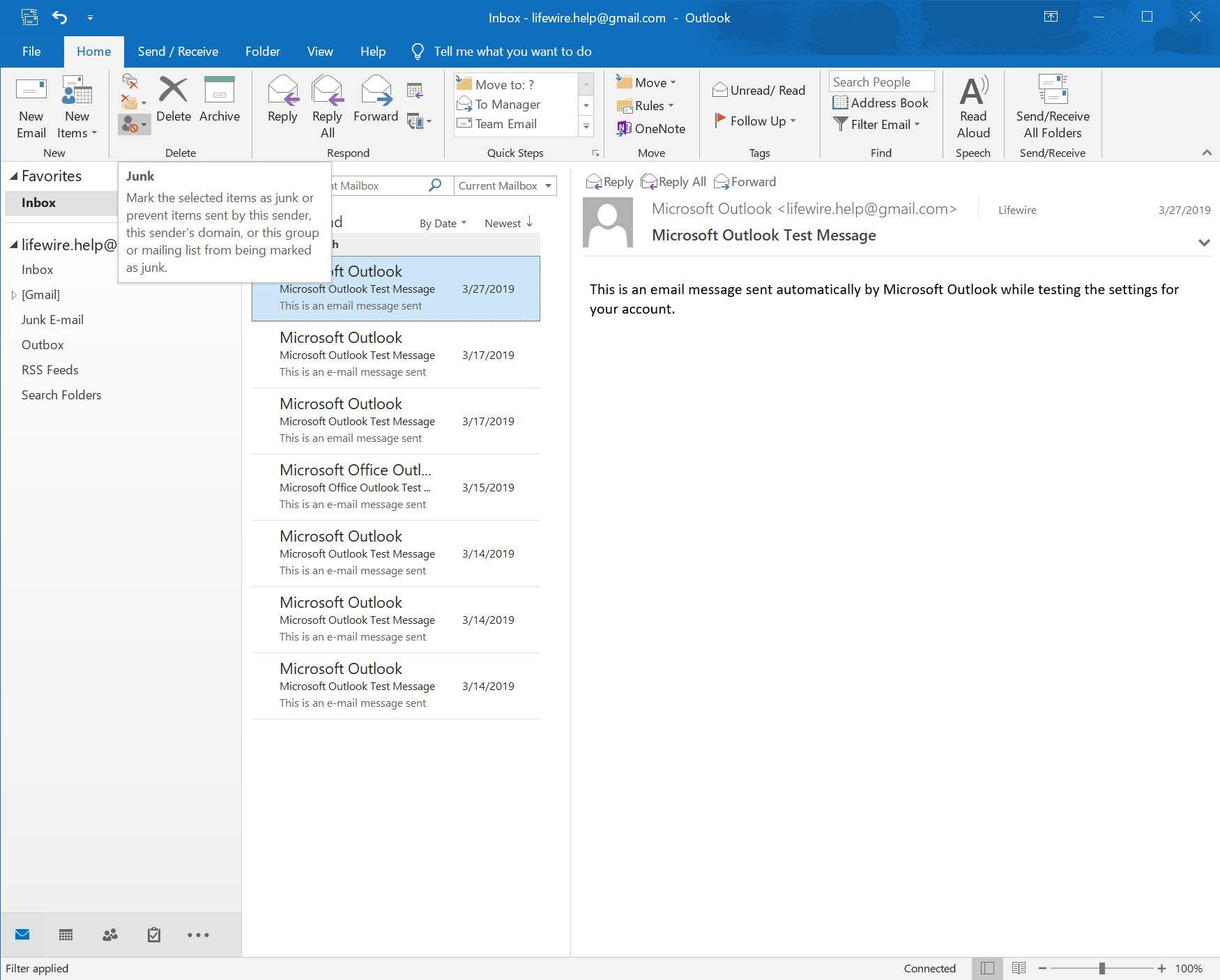 Кнопка «Нежелательная почта Outlook 2016» в меню «Удалить ленту»