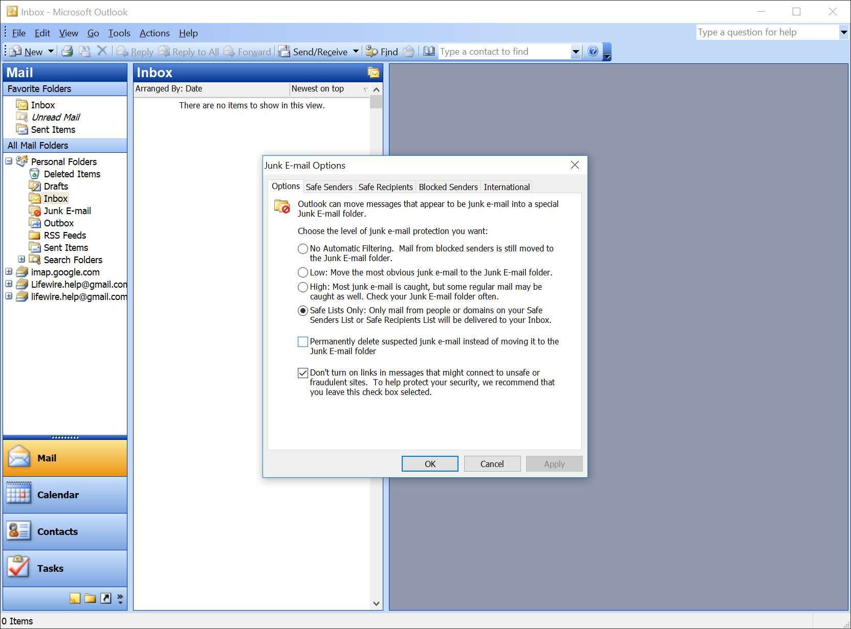 Окно параметров нежелательной почты Outlook 2003