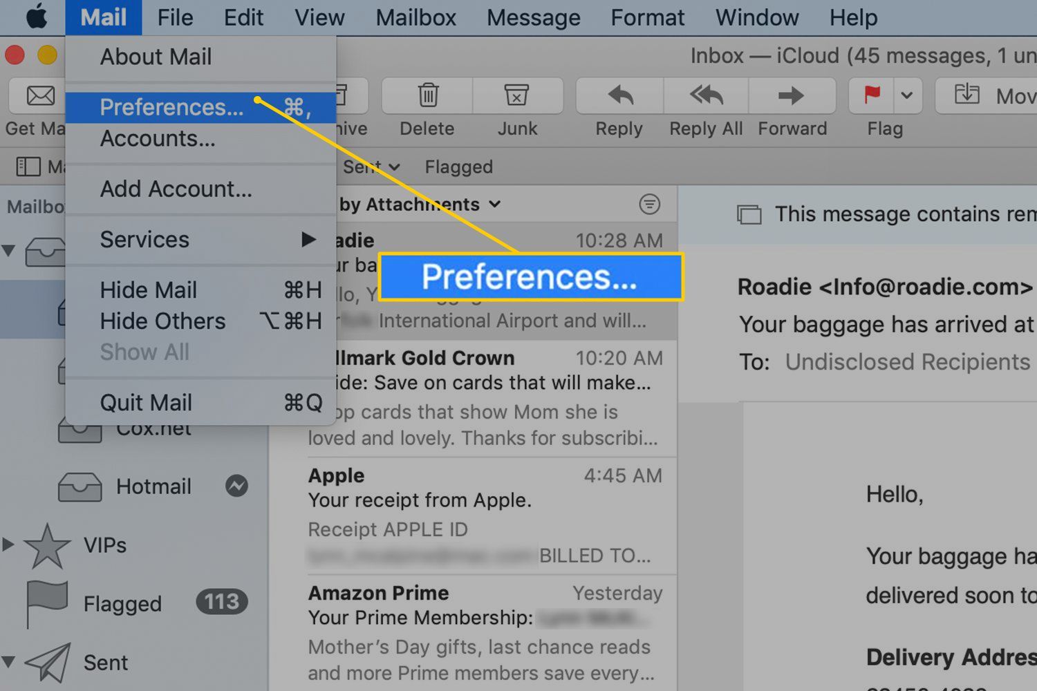 Пункт меню «Настройки» в Apple Mail
