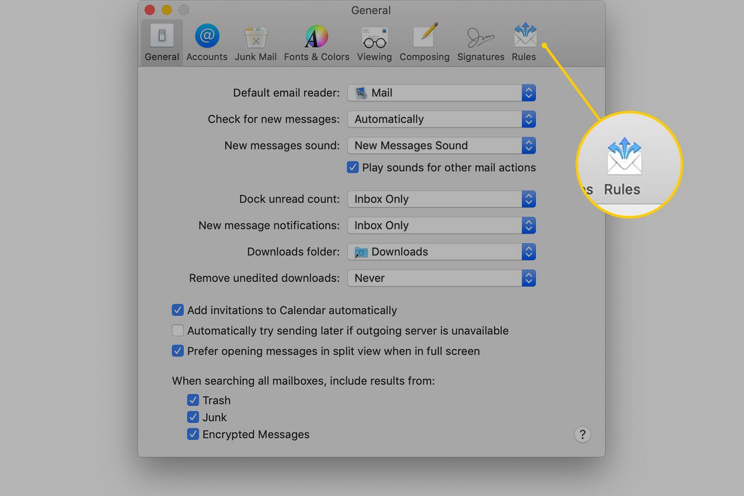 Кнопка «Правила» в настройках почты MacOS