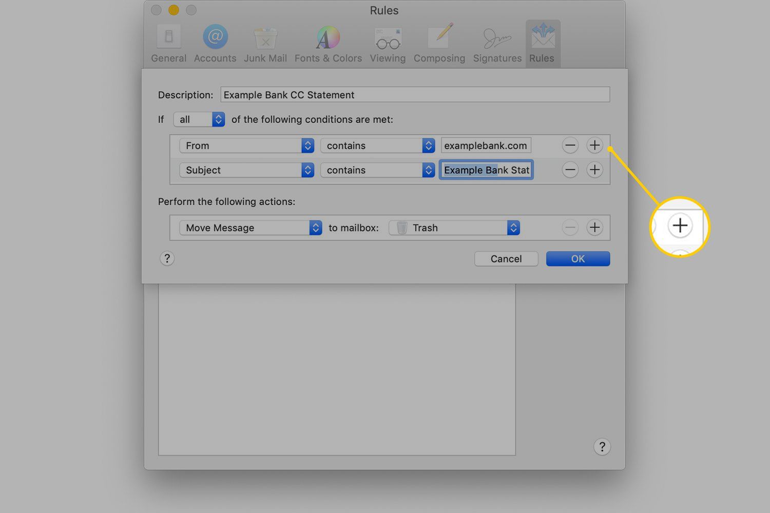Кнопка «плюс» для второй строки условия в настройках почты MacOS