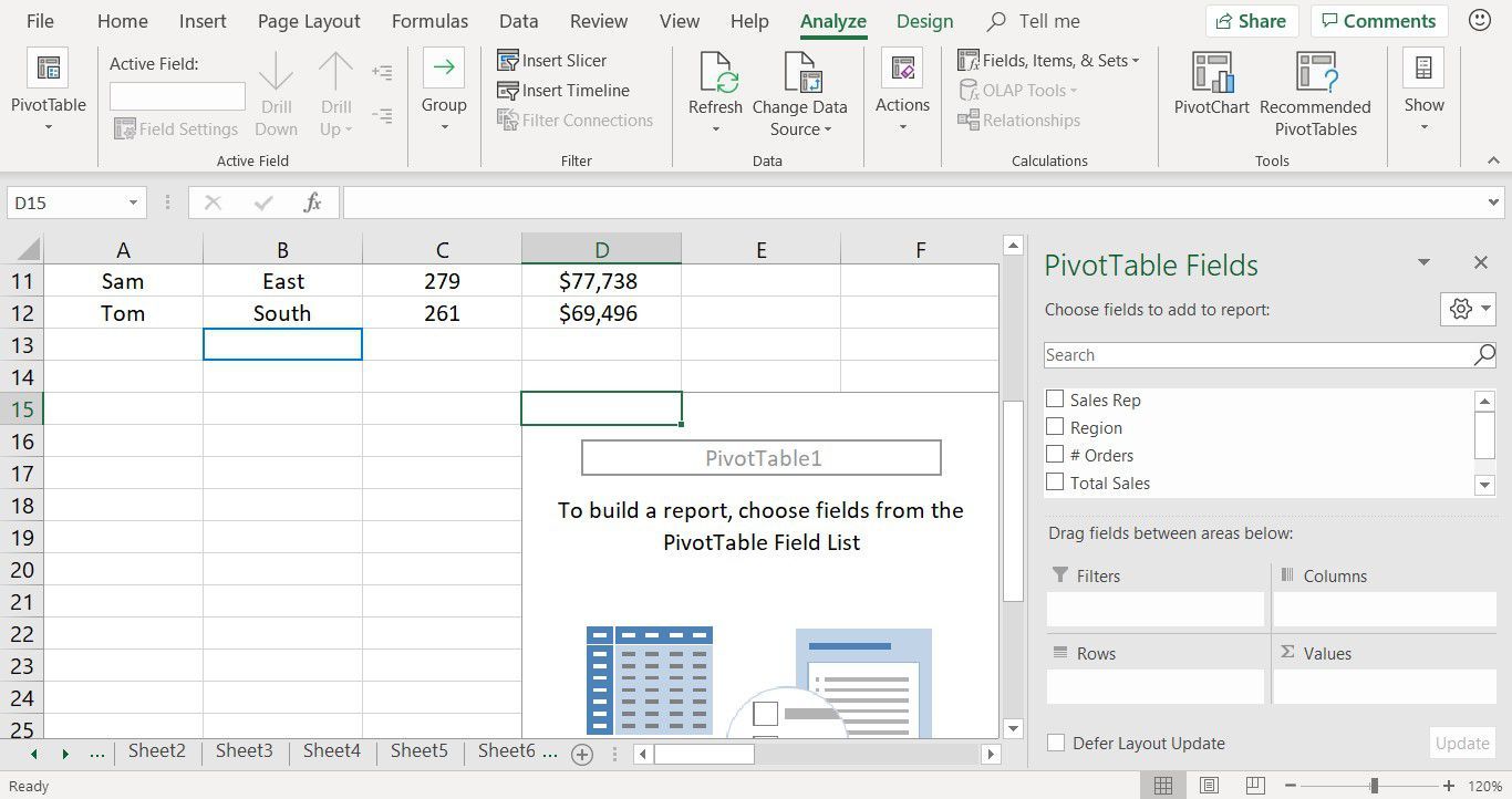 Отображение пустой сводной таблицы и панели полей сводной таблицы в Excel