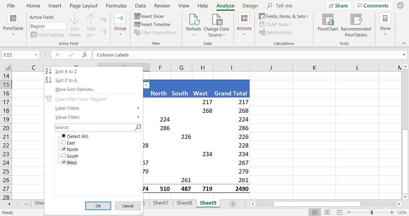 Показывает, как фильтровать данные сводной таблицы в Excel
