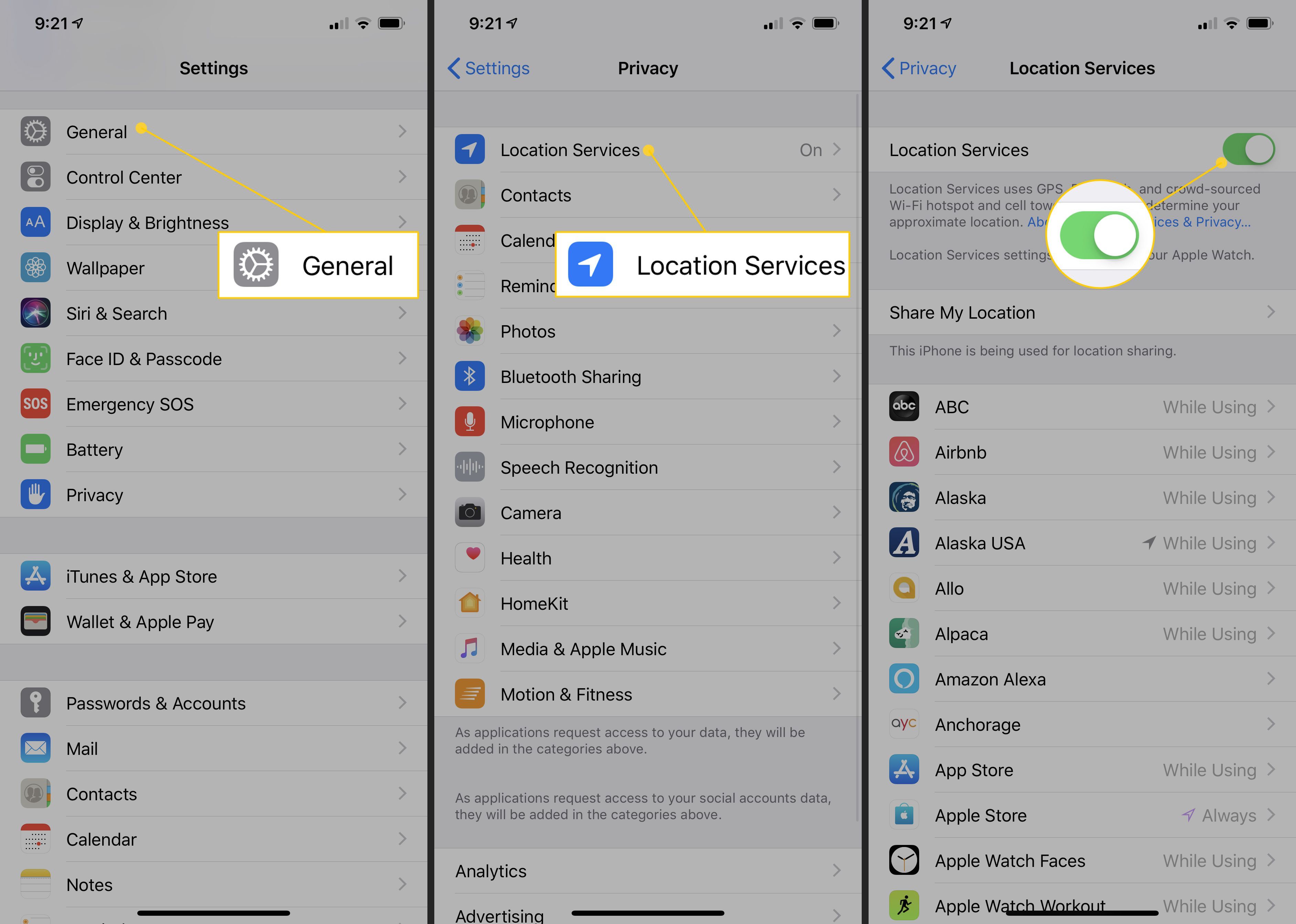 General, Location Services, переключение в настройках iOS