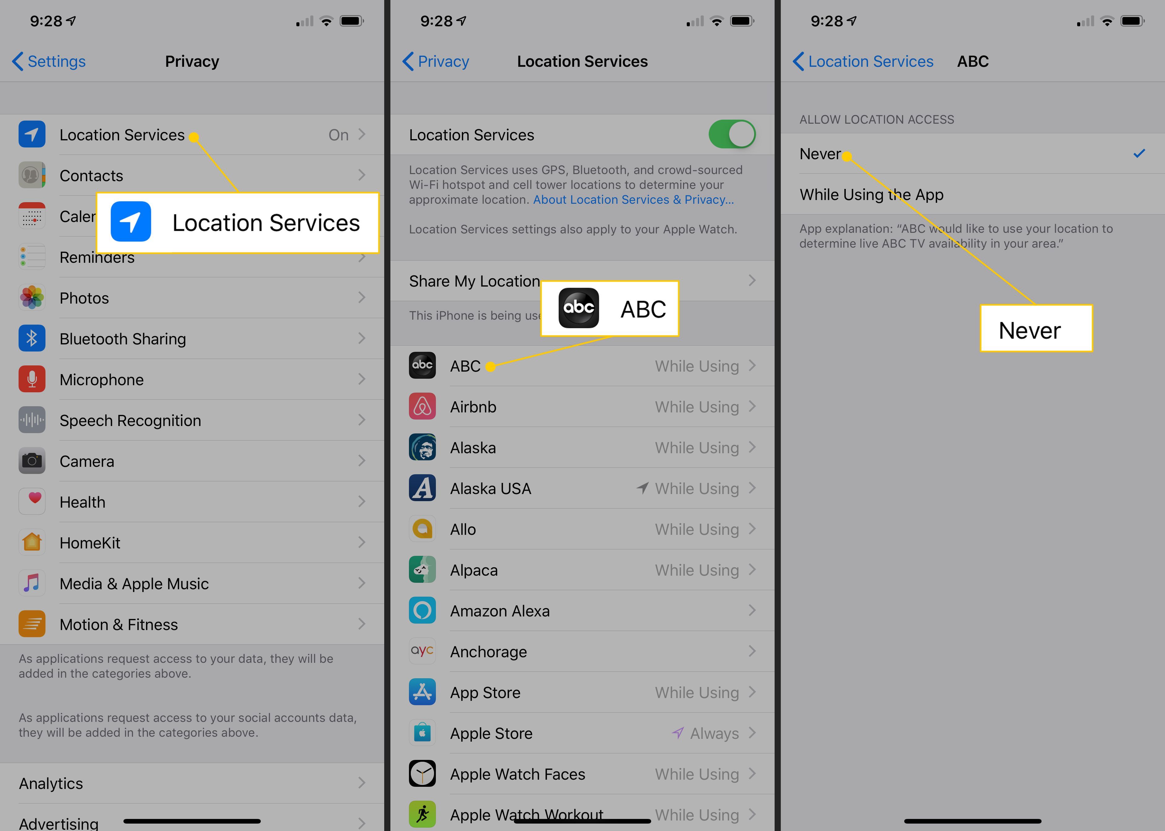 Службы определения местоположения, приложение ABC, никогда в настройках iOS
