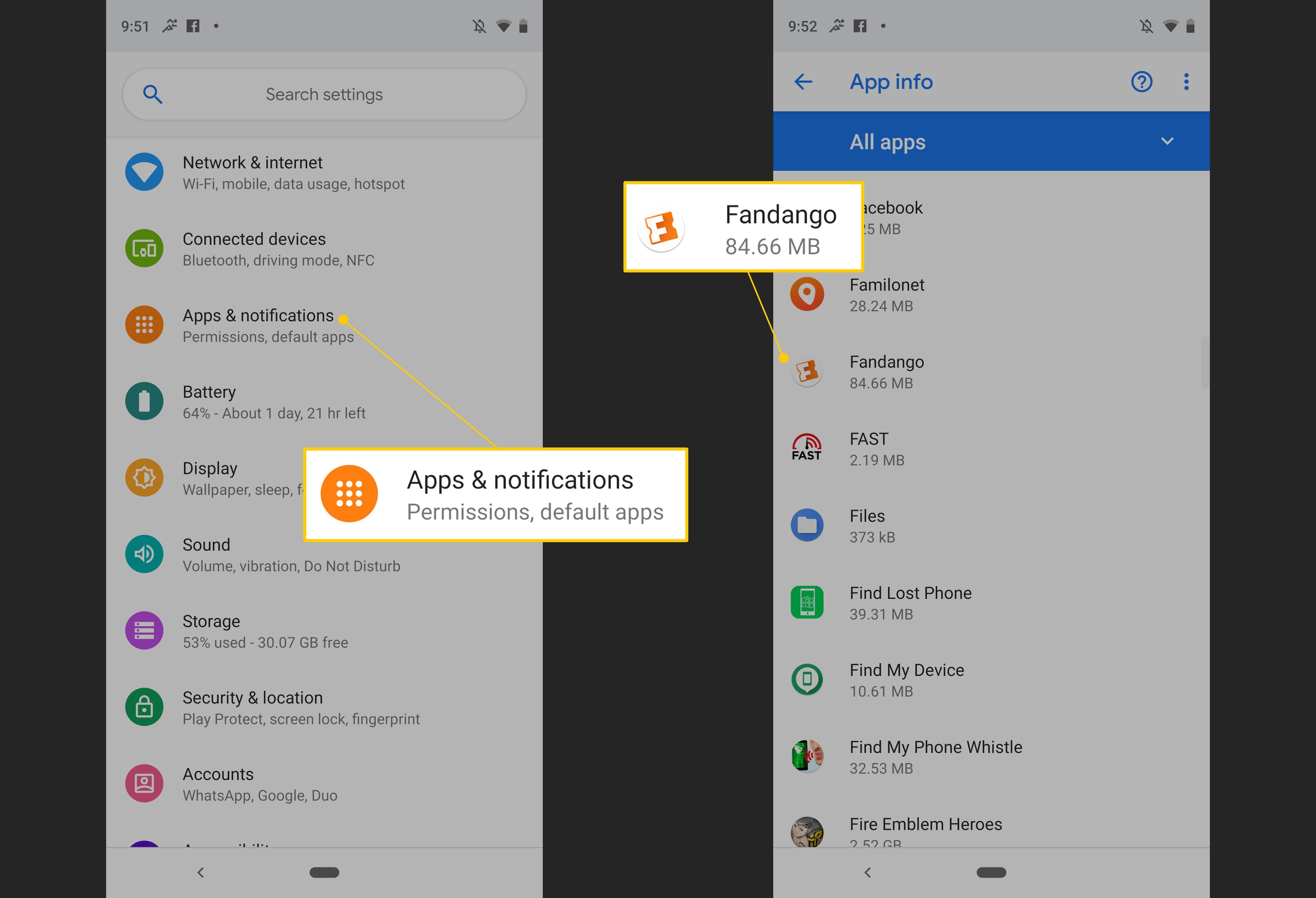 Приложения и уведомления, приложение Fandango в настройках Android
