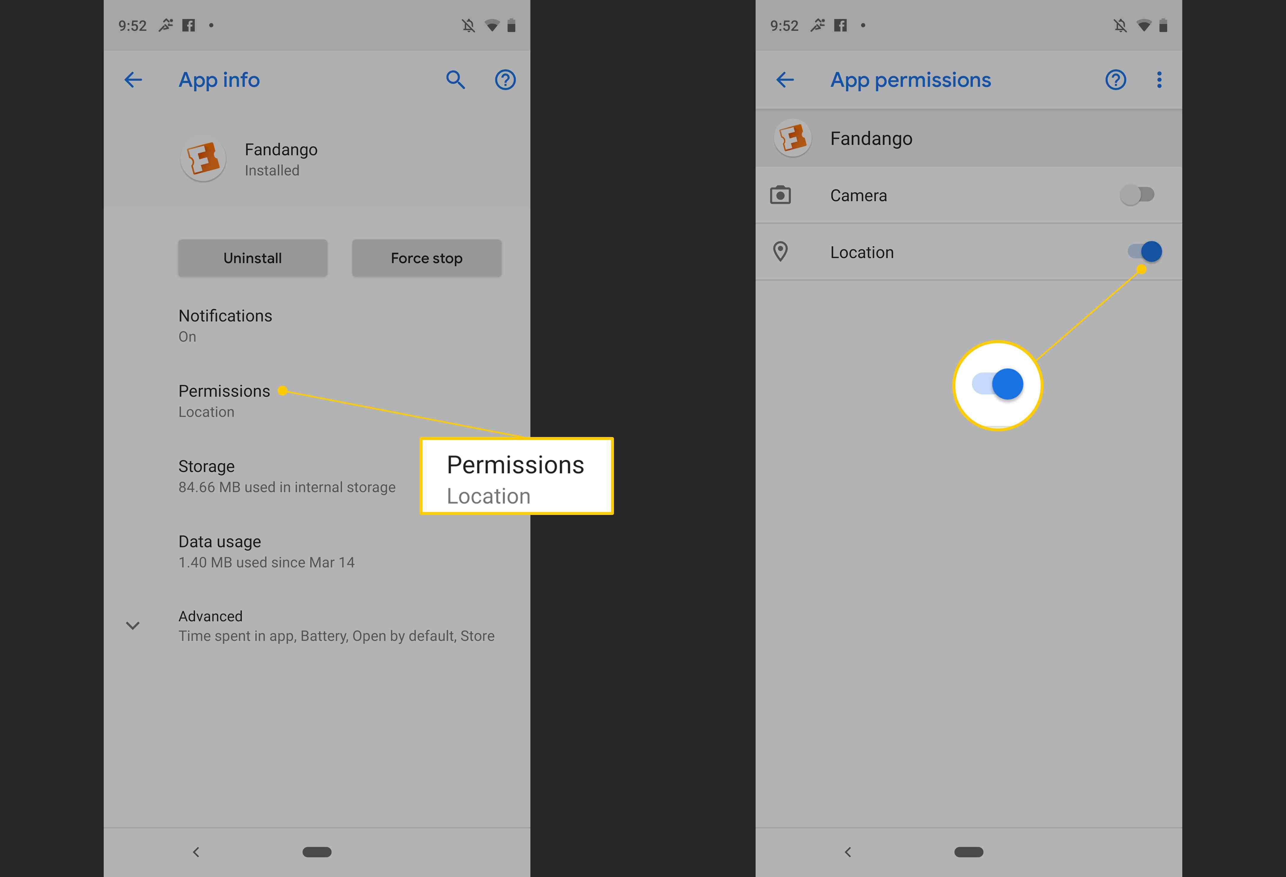Информация о приложении, разрешения, местоположение переключения в настройках Android