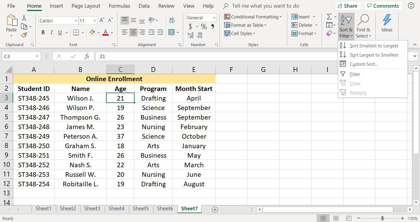 Снимок экрана Excel, на котором показана опция быстрой сортировки