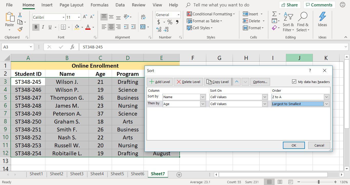 Снимок экрана, показывающий, как сортировать по нескольким столбцам в Excel