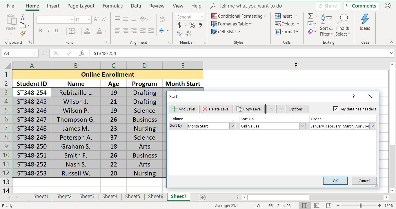 Снимок экрана Excel, показывающий сортировку по месяцам