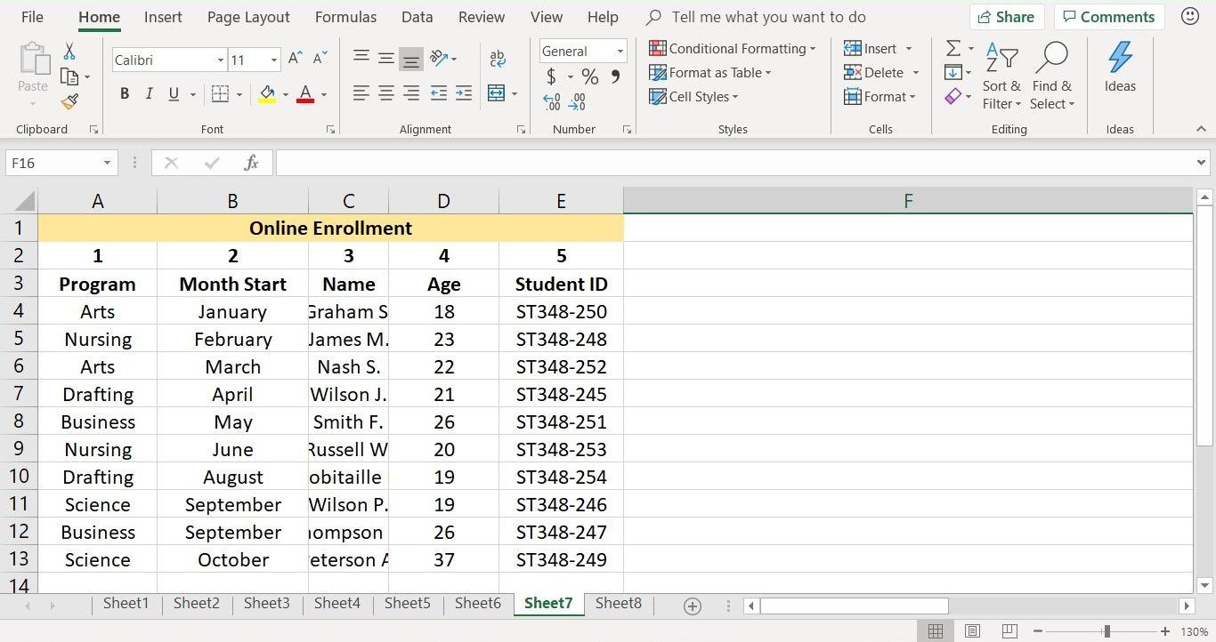 Снимок экрана, показывающий результат сортировки данных по столбцам в Excel