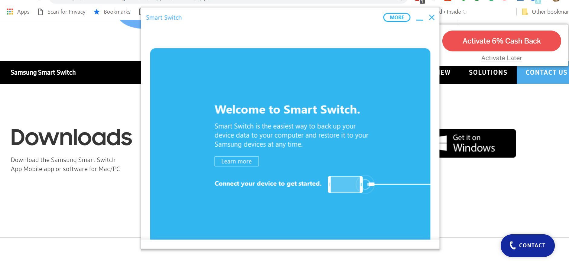 Экран приветствия Samsung Smart Switch на рабочем столе