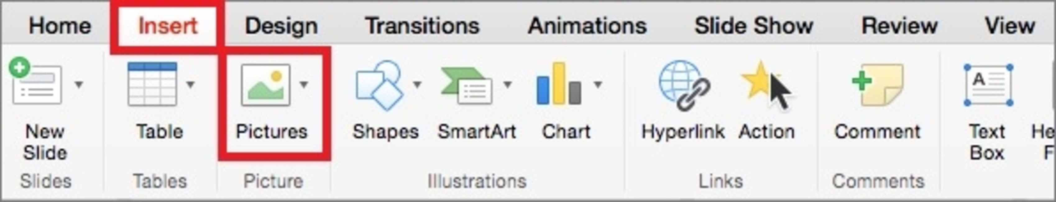 Используйте параметр «Вставка изображений», чтобы добавить GIF-файл в PowerPoint для Mac.