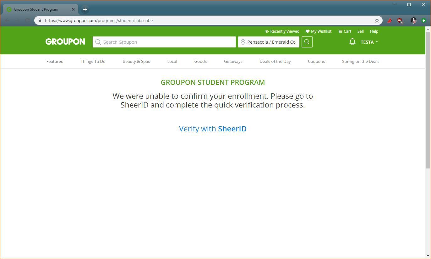 Скриншот процесса проверки скидок для студентов Groupon.