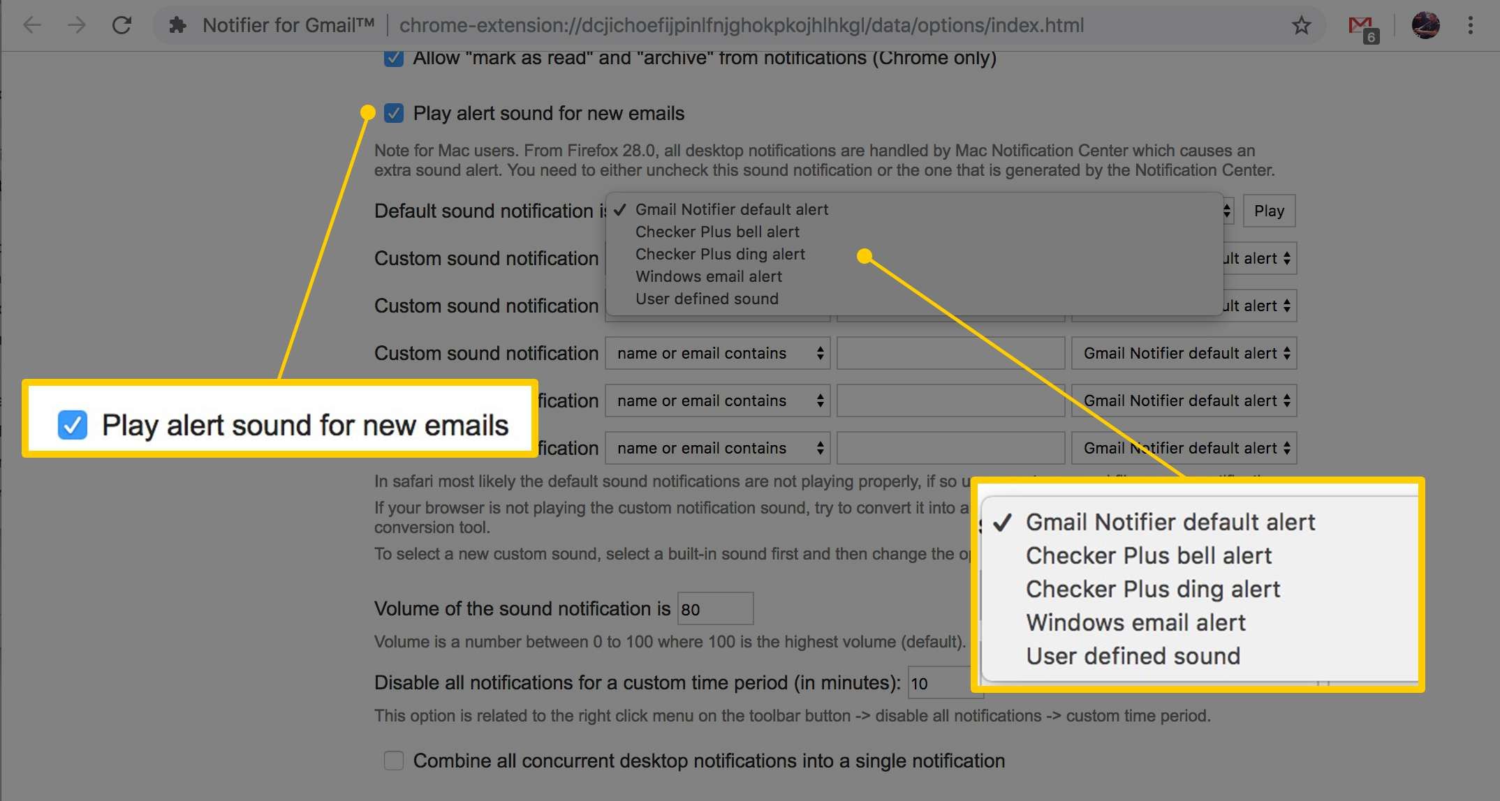 Снимок экрана: экран настроек уведомлений для Gmail с подсветкой 