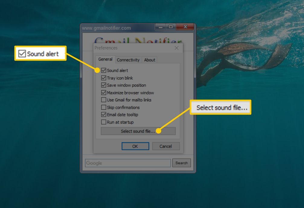 Флажок звукового оповещения и кнопки выбора звукового файла в Gmail Notifier для Windows