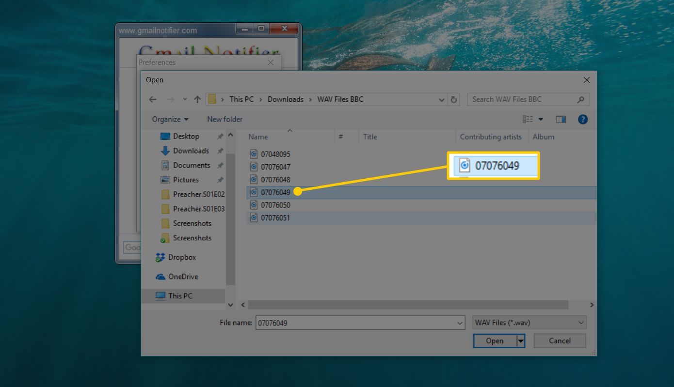 Снимок экрана: выбор файла WAV в Gmail Notifier для Windows