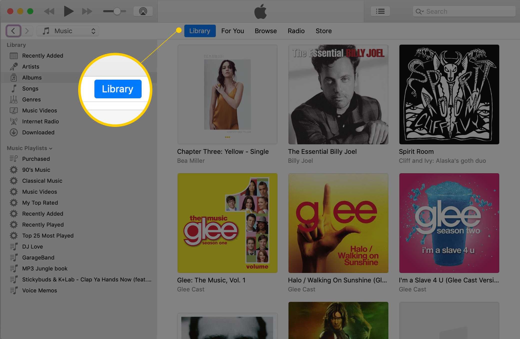 Кнопка «Библиотека» на скриншоте iTunes, показывающая, как изменить порядок воспроизведения в iTunes