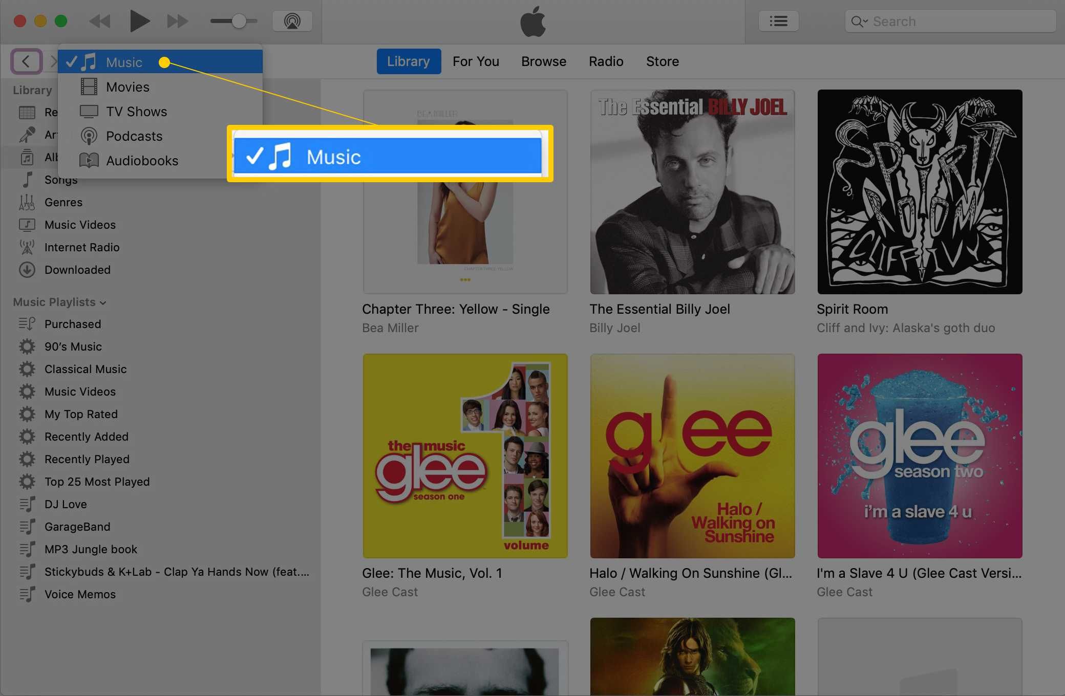 Раскрывающееся меню «Музыка» на снимке экрана iTunes, показывающее, как изменить порядок воспроизведения в iTunes