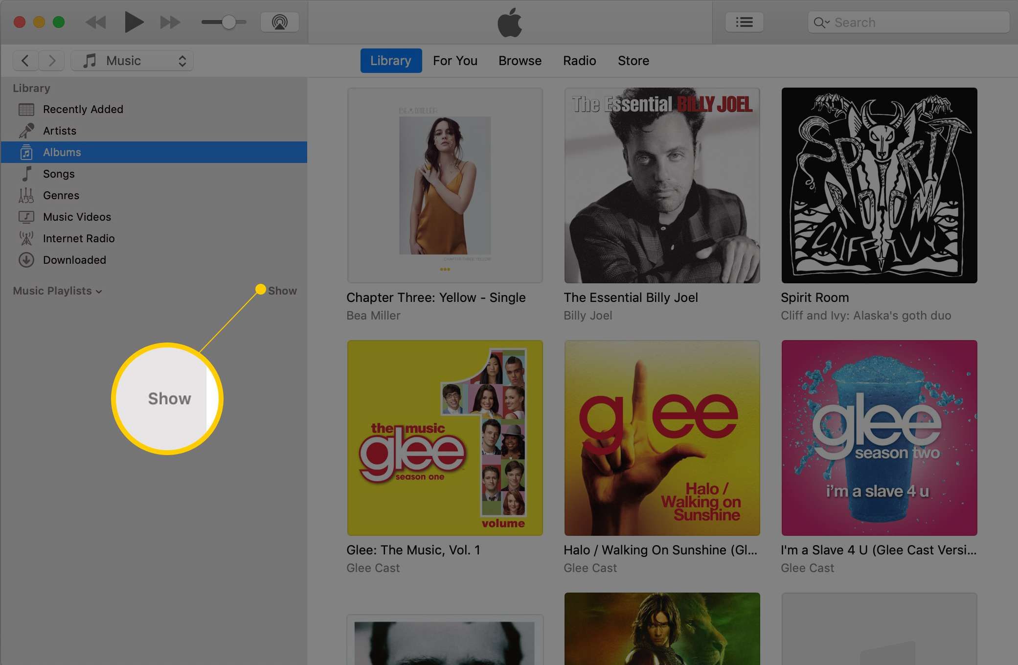 Кнопка Показать, чтобы отобразить списки воспроизведения музыки в левой части скриншота iTunes, показывающие, как изменить порядок воспроизведения в iTunes