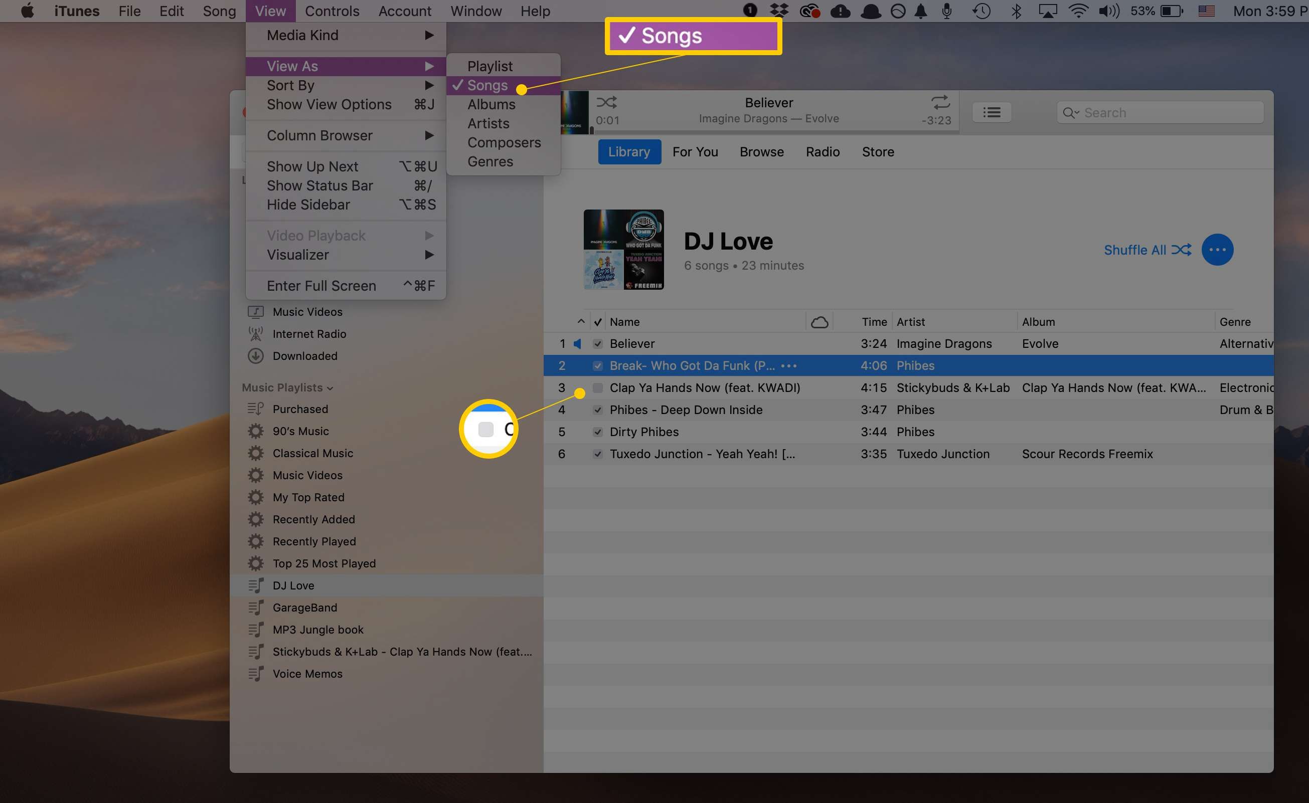 Подменю песни в iTunes's View menu as well as a checkbox in front of a track you don't want to play screenshot showing how to reorder an iTunes playlist