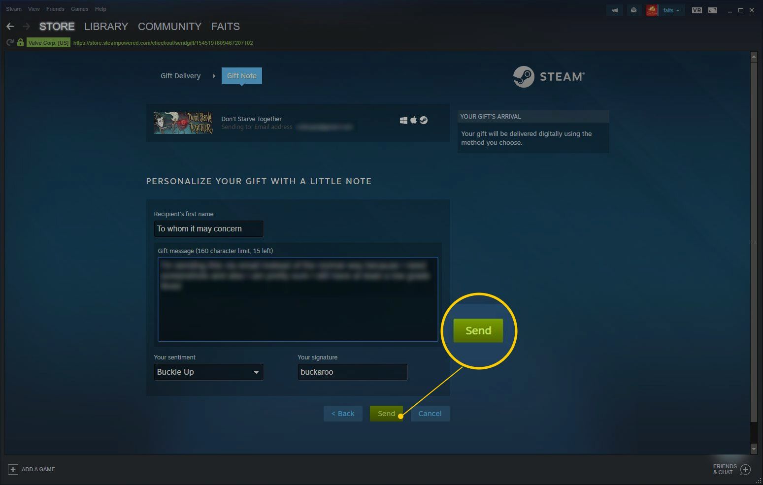 Кнопка отправки в Steam's gift system
