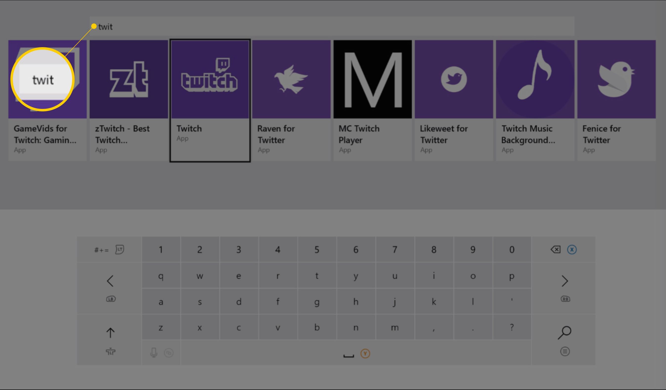 Приложение Twitch в поле поиска на Xbox One