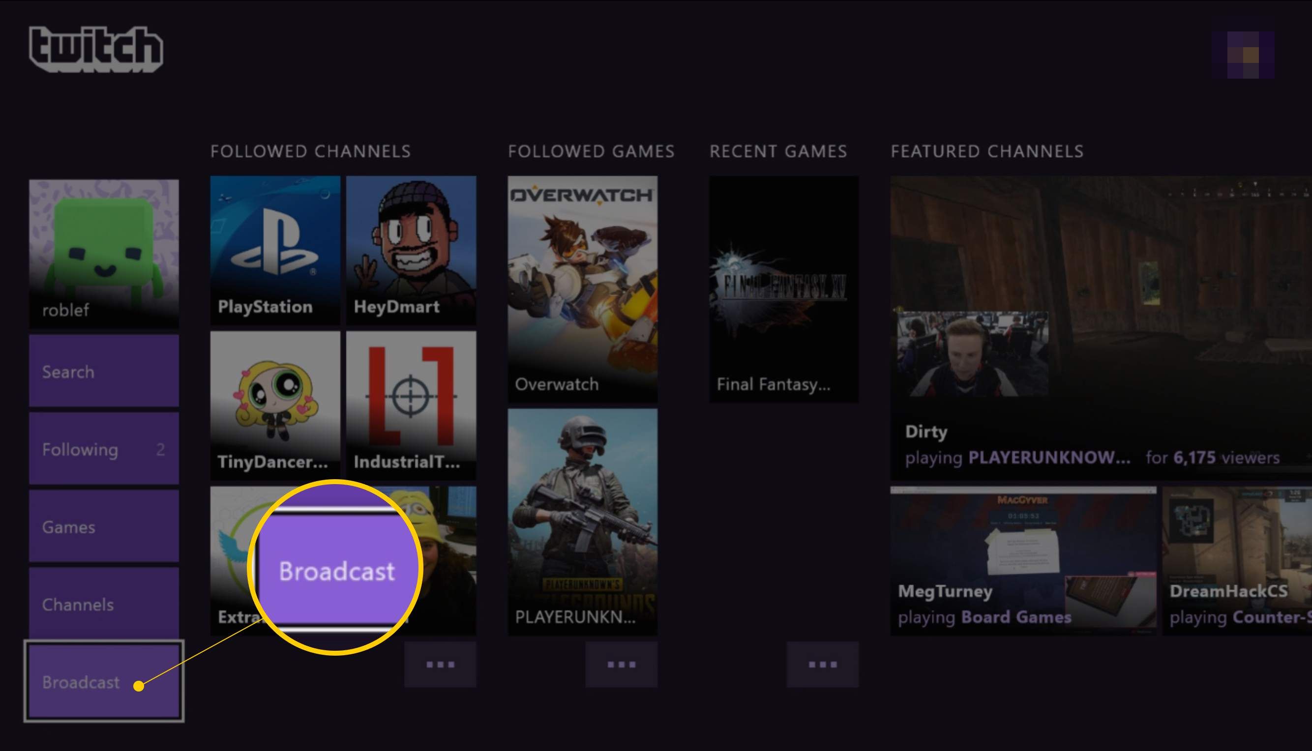Кнопка трансляции в приложении Twitch на Xbox One