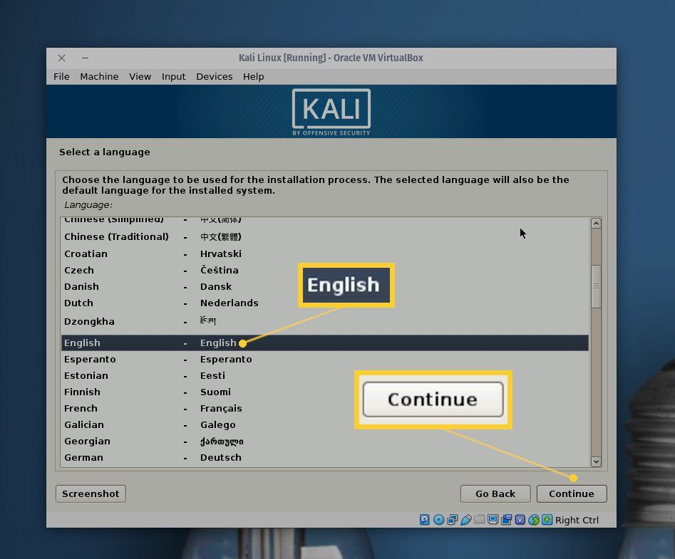 Скриншот окна выбора языка.