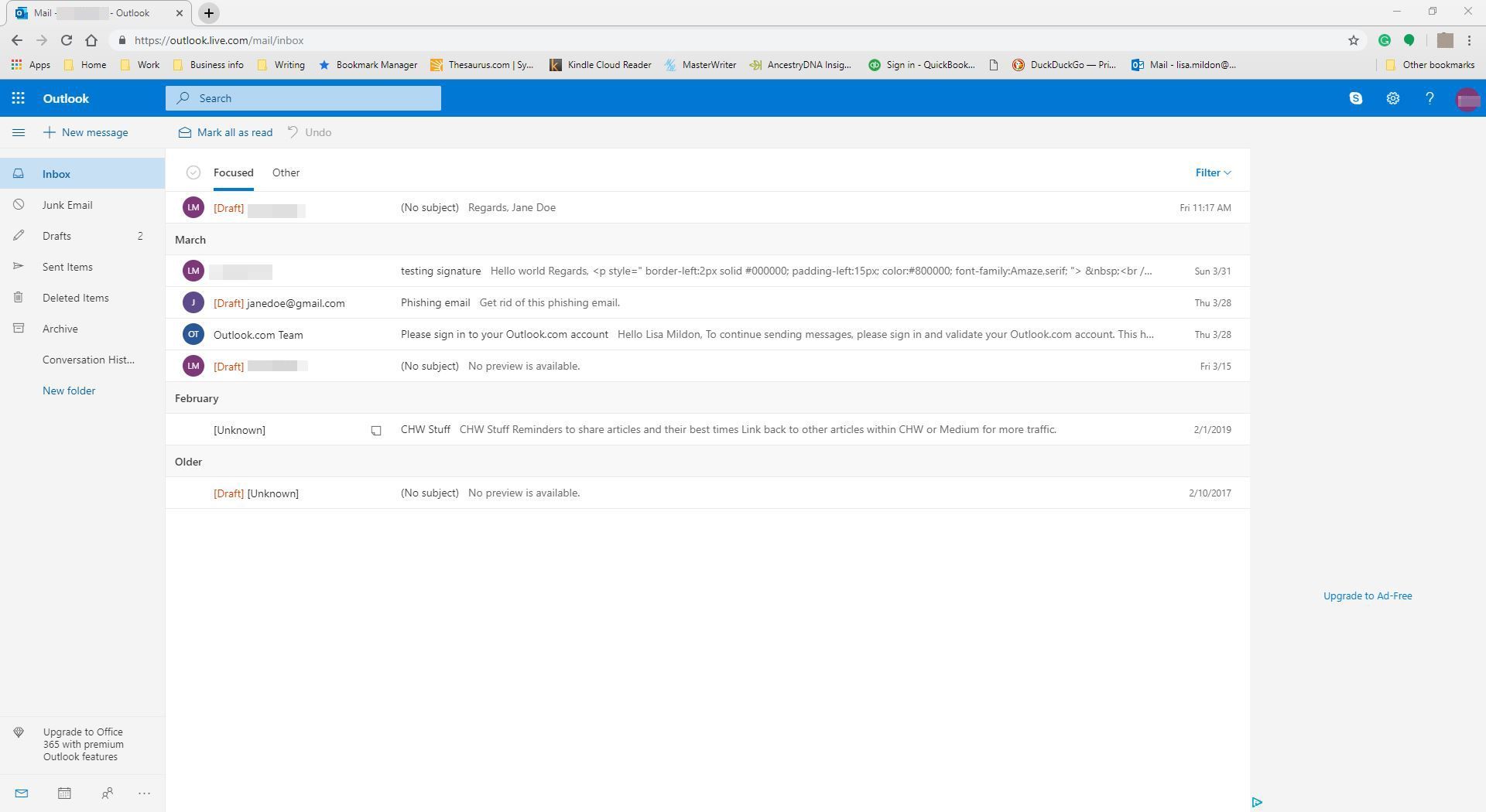 Просмотр почтового ящика Outlook.com.
