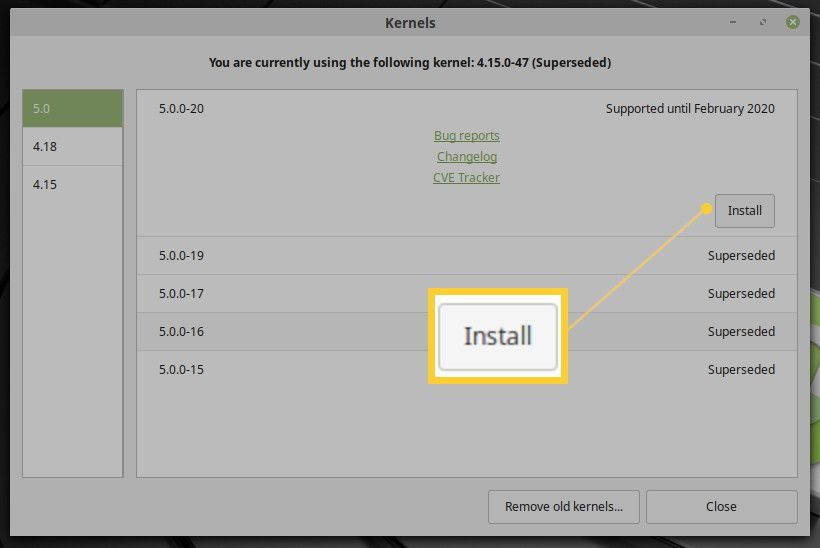 Снимок экрана установки нового ядра в Linux Mint.