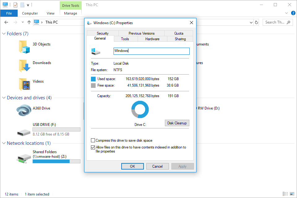 Жесткий диск's capacity in Windows 10