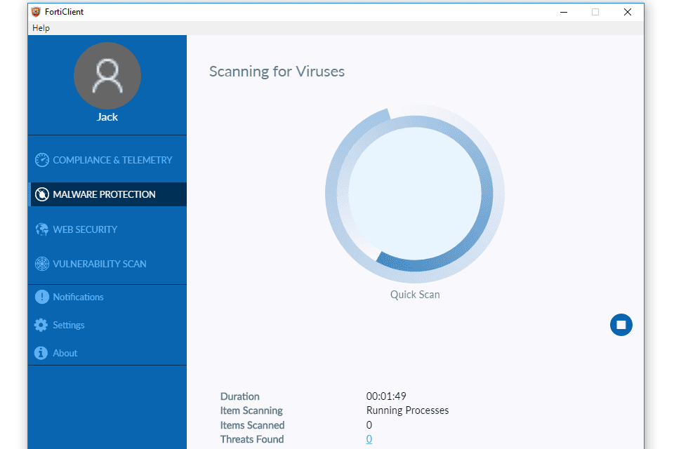 Сканирование на наличие вирусов FortiClient в Windows 10