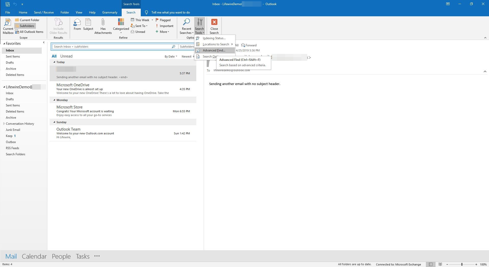 Открытие расширенного поиска электронной почты в Outlook.