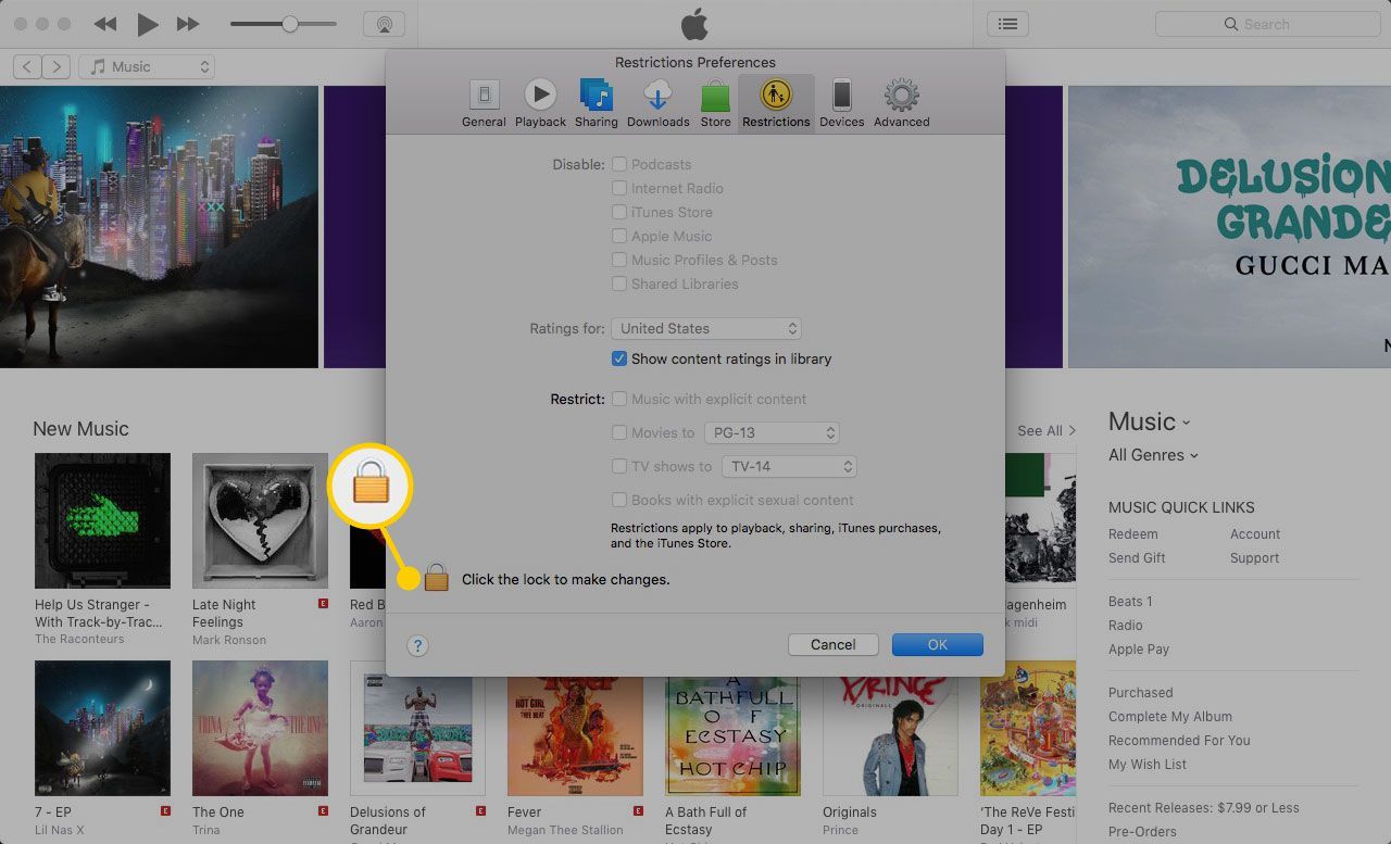 Значок блокировки в настройках iTunes