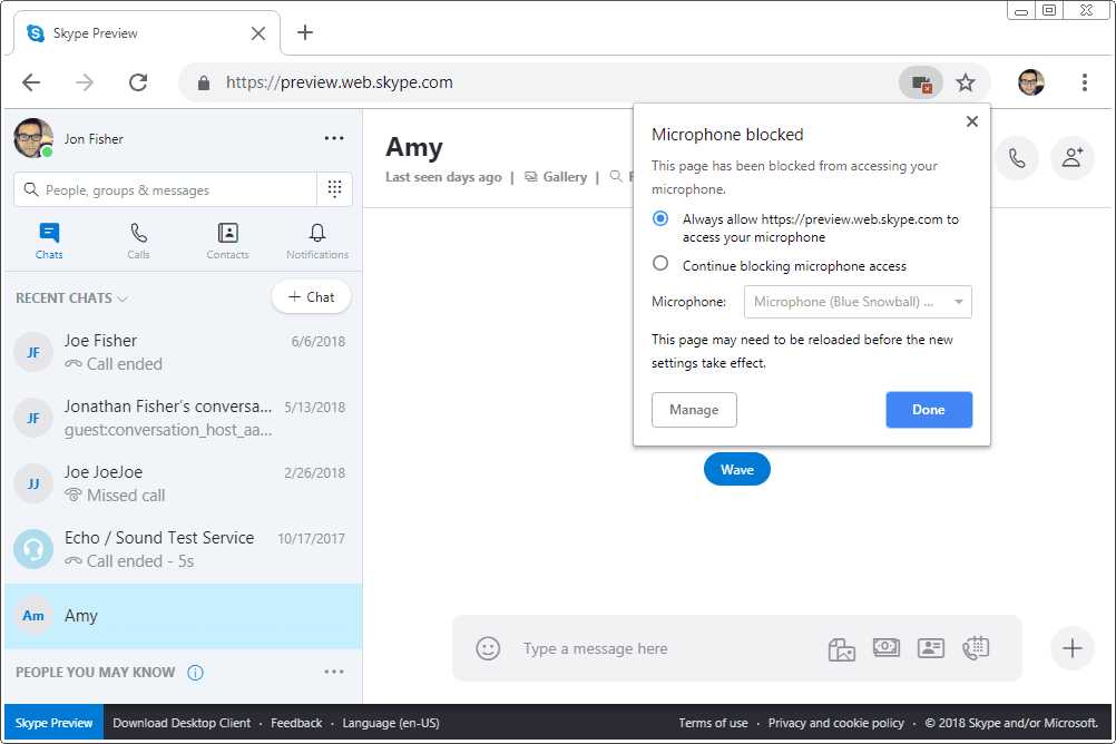 Опция доступа к микрофону Skype в Chrome